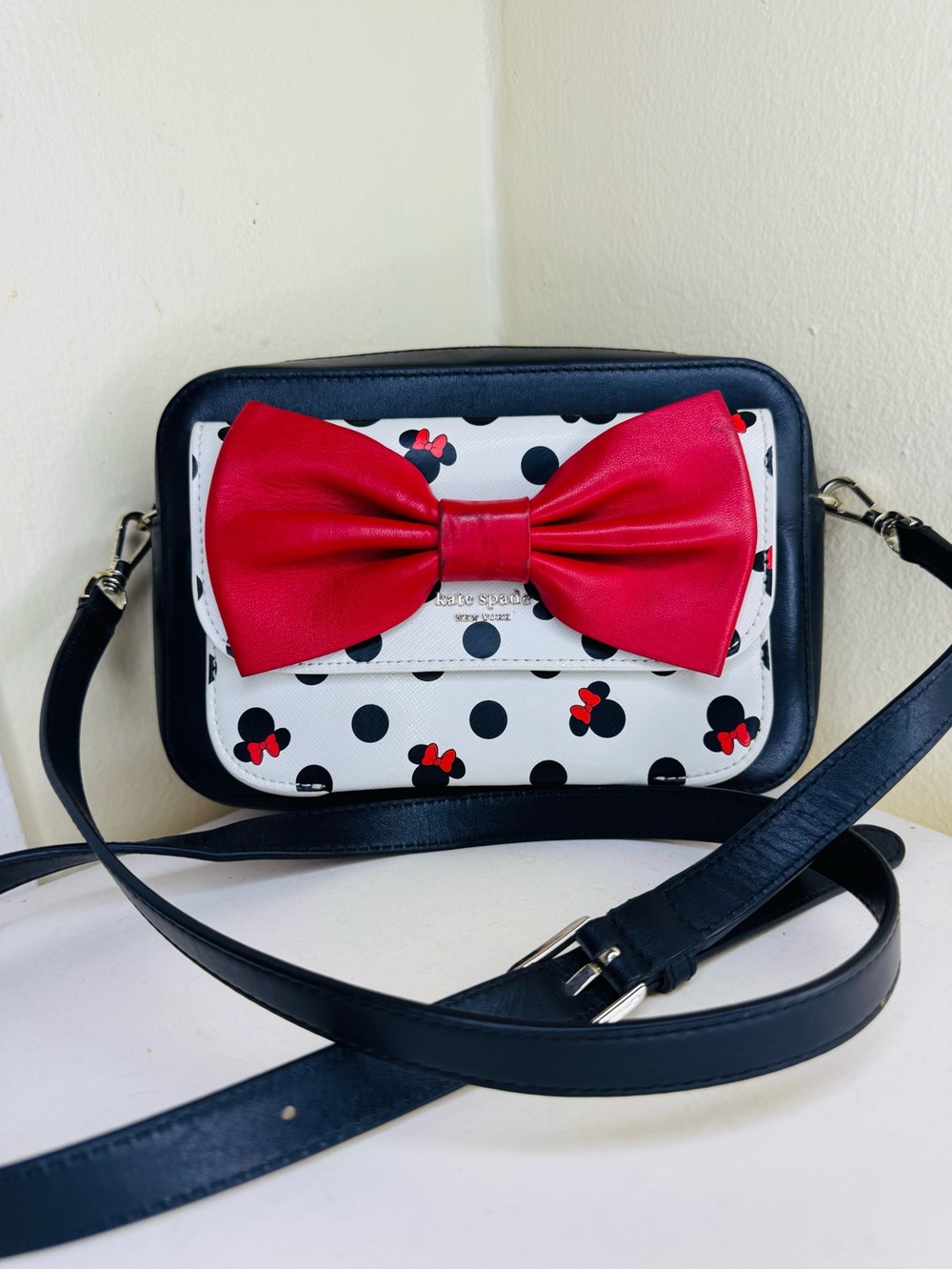 Dkny Black and White Polka Dot Crossbody with Red Bow Accent